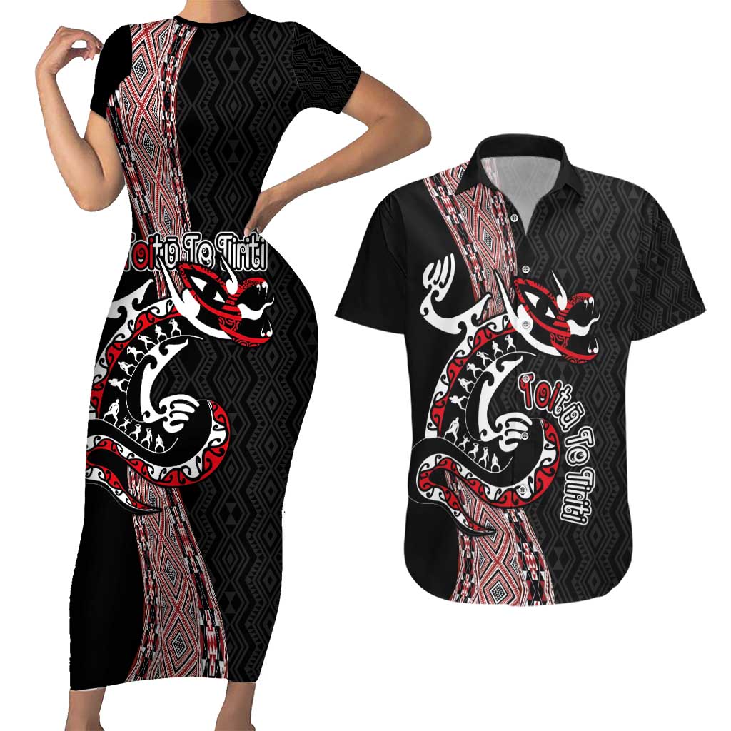 Aotearoa Toitu Te Tiriti Taniko Couples Matching Short Sleeve Bodycon Dress and Hawaiian Shirt Maori Taniwha Haka - Honour the Treaty LT03 Black - Polynesian Pride