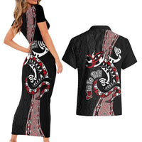 Aotearoa Toitu Te Tiriti Taniko Couples Matching Short Sleeve Bodycon Dress and Hawaiian Shirt Maori Taniwha Haka - Honour the Treaty LT03 - Polynesian Pride