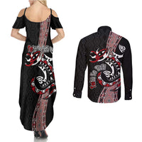Aotearoa Toitu Te Tiriti Taniko Couples Matching Summer Maxi Dress and Long Sleeve Button Shirt Maori Taniwha Haka - Honour the Treaty LT03 - Polynesian Pride