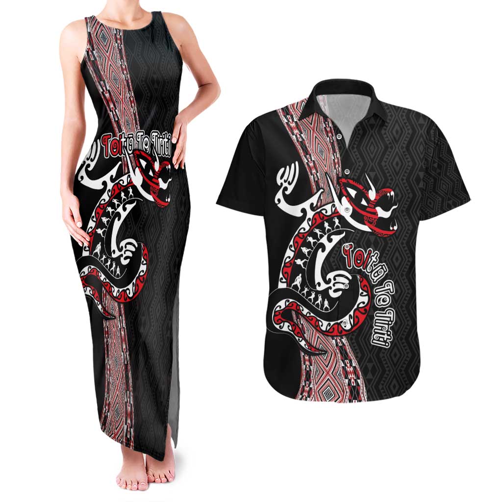 Aotearoa Toitu Te Tiriti Taniko Couples Matching Tank Maxi Dress and Hawaiian Shirt Maori Taniwha Haka - Honour the Treaty LT03 Black - Polynesian Pride