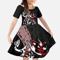 Aotearoa Toitu Te Tiriti Taniko Family Matching Off Shoulder Maxi Dress and Hawaiian Shirt Maori Taniwha Haka - Honour the Treaty LT03 Daughter's Dress Black - Polynesian Pride