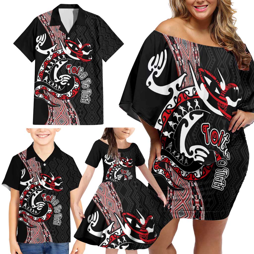 Aotearoa Toitu Te Tiriti Taniko Family Matching Off Shoulder Short Dress and Hawaiian Shirt Maori Taniwha Haka - Honour the Treaty LT03 - Polynesian Pride