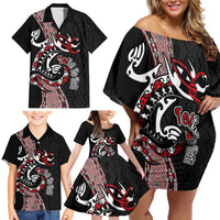 Aotearoa Toitu Te Tiriti Taniko Family Matching Off Shoulder Short Dress and Hawaiian Shirt Maori Taniwha Haka - Honour the Treaty LT03 - Polynesian Pride