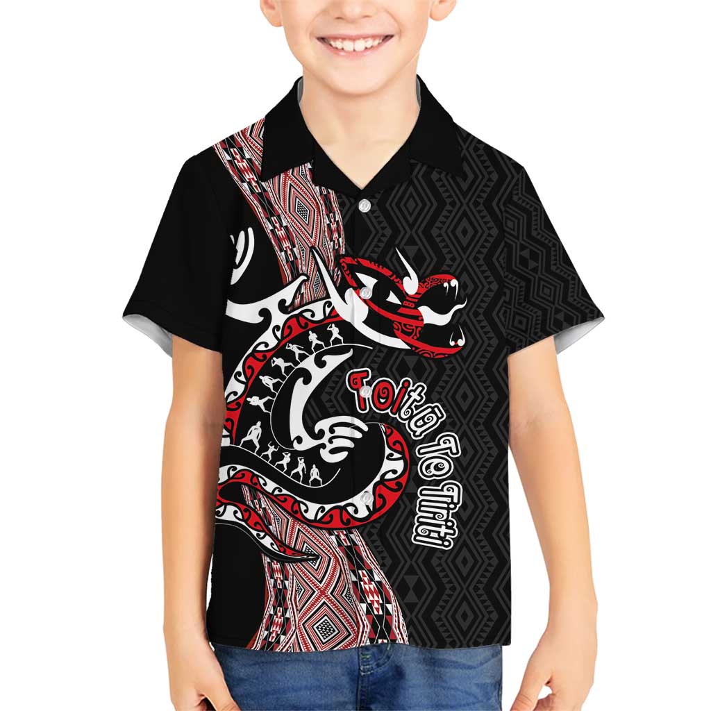 Aotearoa Toitu Te Tiriti Taniko Family Matching Puletasi and Hawaiian Shirt Maori Taniwha Haka - Honour the Treaty LT03 Son's Shirt Black - Polynesian Pride