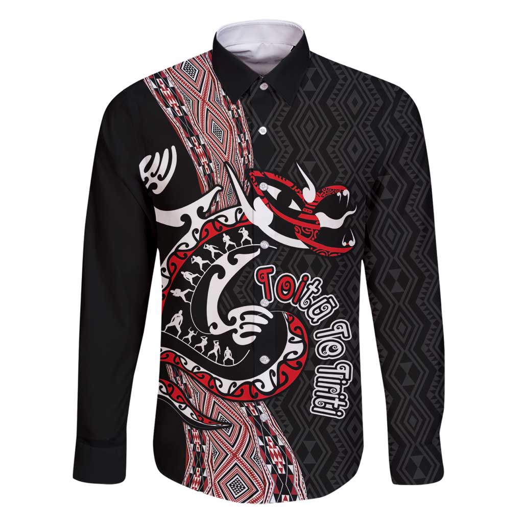 Aotearoa Toitu Te Tiriti Taniko Family Matching Summer Maxi Dress and Hawaiian Shirt Maori Taniwha Haka - Honour the Treaty LT03 Dad's Shirt - Long Sleeve Black - Polynesian Pride