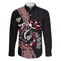 Aotearoa Toitu Te Tiriti Taniko Family Matching Summer Maxi Dress and Hawaiian Shirt Maori Taniwha Haka - Honour the Treaty LT03 Dad's Shirt - Long Sleeve Black - Polynesian Pride