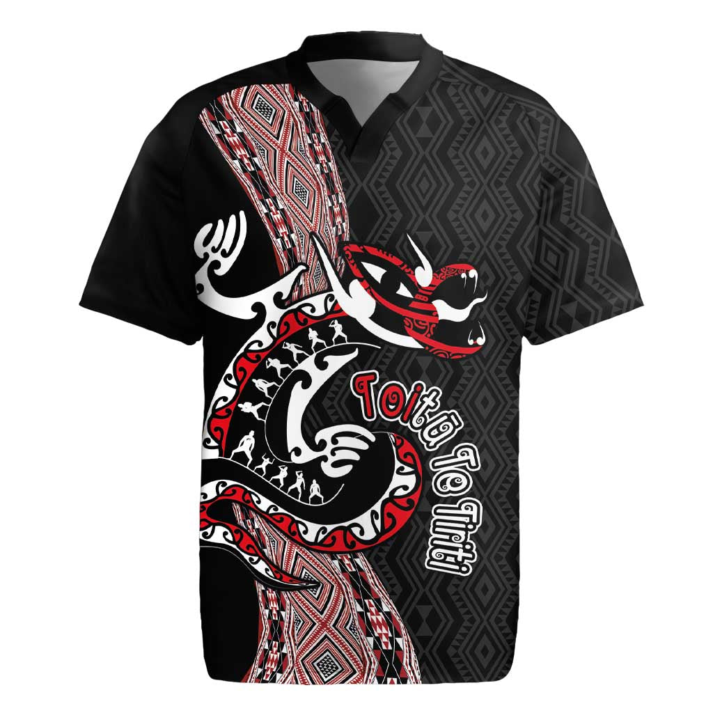 Aotearoa Toitu Te Tiriti Taniko Rugby Jersey Maori Taniwha Haka - Honour the Treaty LT03 Black - Polynesian Pride