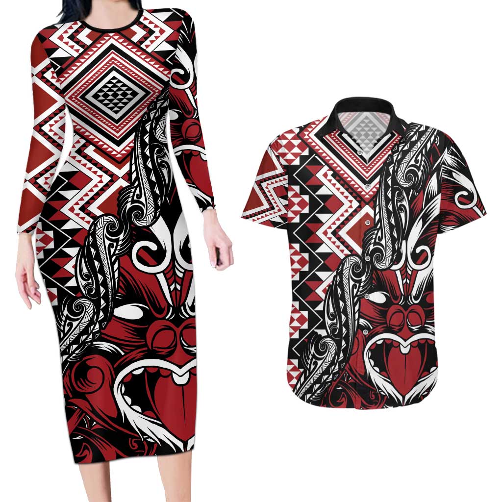 Aotearoa Maori Moko Art with Taniko Half Style Couples Matching Long Sleeve Bodycon Dress and Hawaiian Shirt LT03 Black - Polynesian Pride
