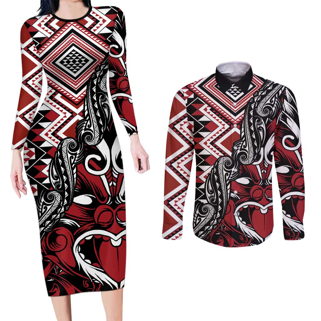Aotearoa Maori Moko Art with Taniko Half Style Couples Matching Long Sleeve Bodycon Dress and Long Sleeve Button Shirt LT03 Black - Polynesian Pride
