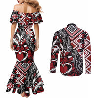 Aotearoa Maori Moko Art with Taniko Half Style Couples Matching Mermaid Dress and Long Sleeve Button Shirt LT03 - Polynesian Pride