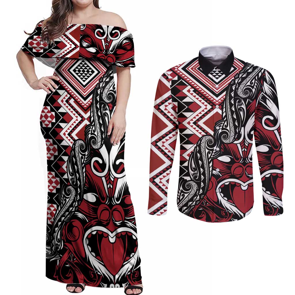 Aotearoa Maori Moko Art with Taniko Half Style Couples Matching Off Shoulder Maxi Dress and Long Sleeve Button Shirt LT03 Black - Polynesian Pride