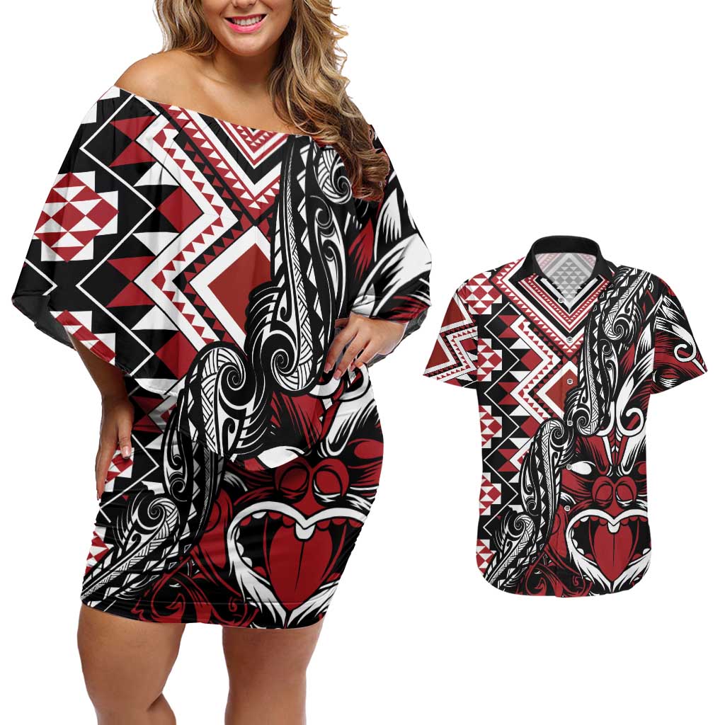 Aotearoa Maori Moko Art with Taniko Half Style Couples Matching Off Shoulder Short Dress and Hawaiian Shirt LT03 Black - Polynesian Pride