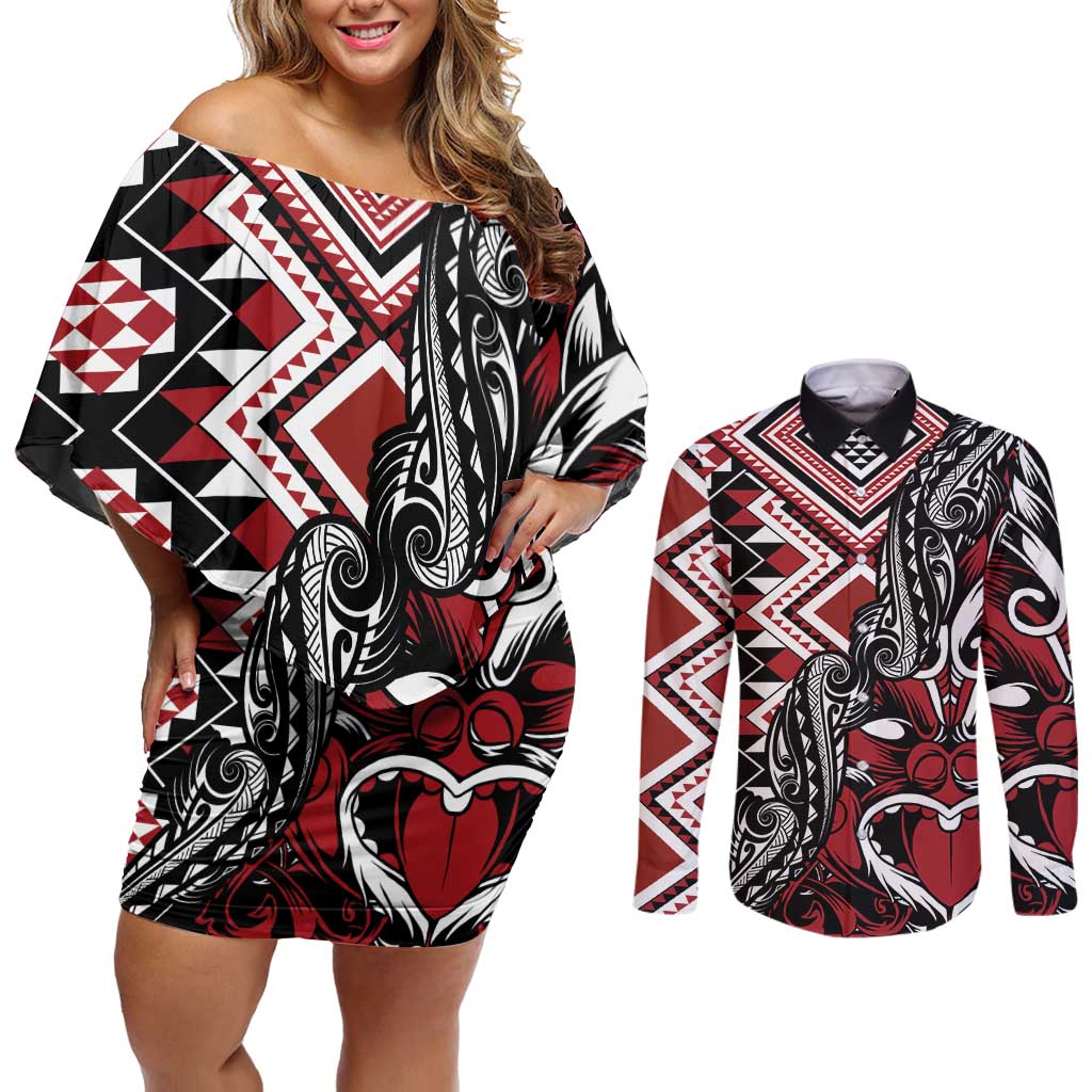 Aotearoa Maori Moko Art with Taniko Half Style Couples Matching Off Shoulder Short Dress and Long Sleeve Button Shirt LT03 Black - Polynesian Pride