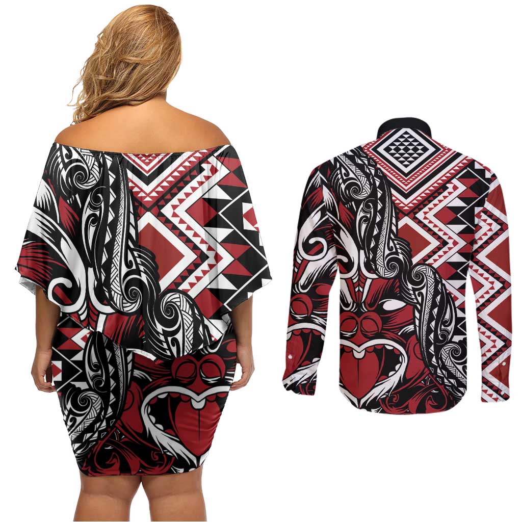 Aotearoa Maori Moko Art with Taniko Half Style Couples Matching Off Shoulder Short Dress and Long Sleeve Button Shirt