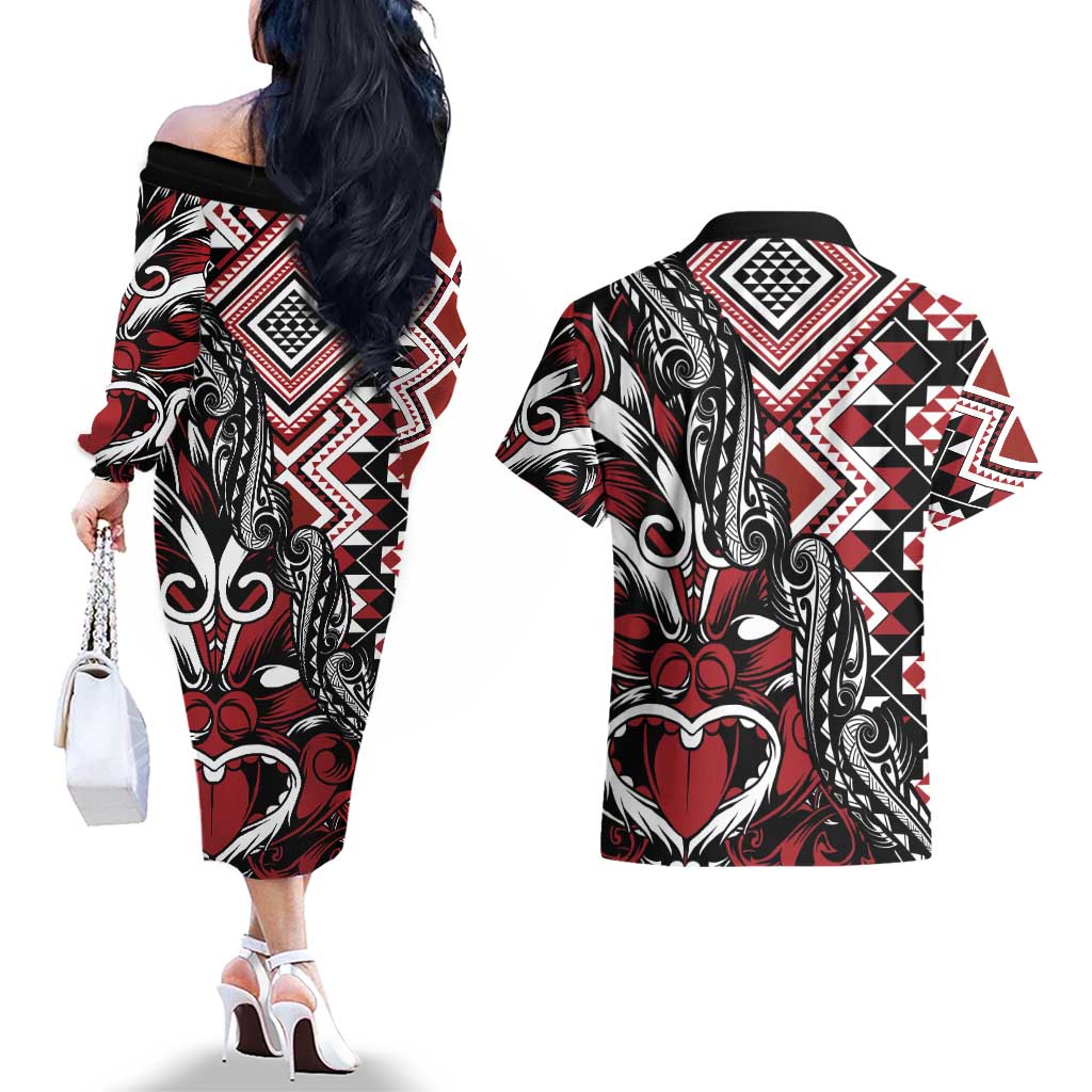 Aotearoa Maori Moko Art with Taniko Half Style Couples Matching Off The Shoulder Long Sleeve Dress and Hawaiian Shirt