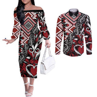 Aotearoa Maori Moko Art with Taniko Half Style Couples Matching Off The Shoulder Long Sleeve Dress and Long Sleeve Button Shirt LT03 Black - Polynesian Pride