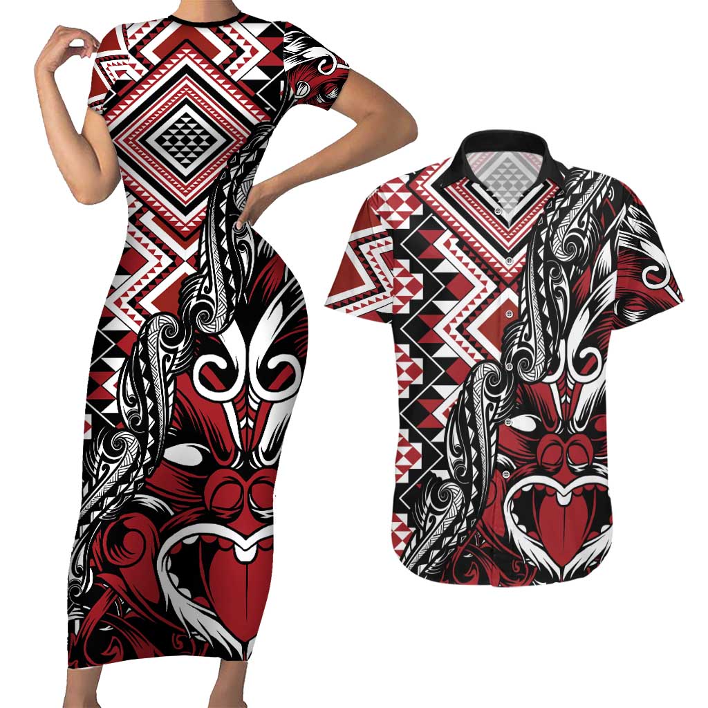 Aotearoa Maori Moko Art with Taniko Half Style Couples Matching Short Sleeve Bodycon Dress and Hawaiian Shirt LT03 Black - Polynesian Pride