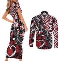 Aotearoa Maori Moko Art with Taniko Half Style Couples Matching Short Sleeve Bodycon Dress and Long Sleeve Button Shirt LT03 - Polynesian Pride