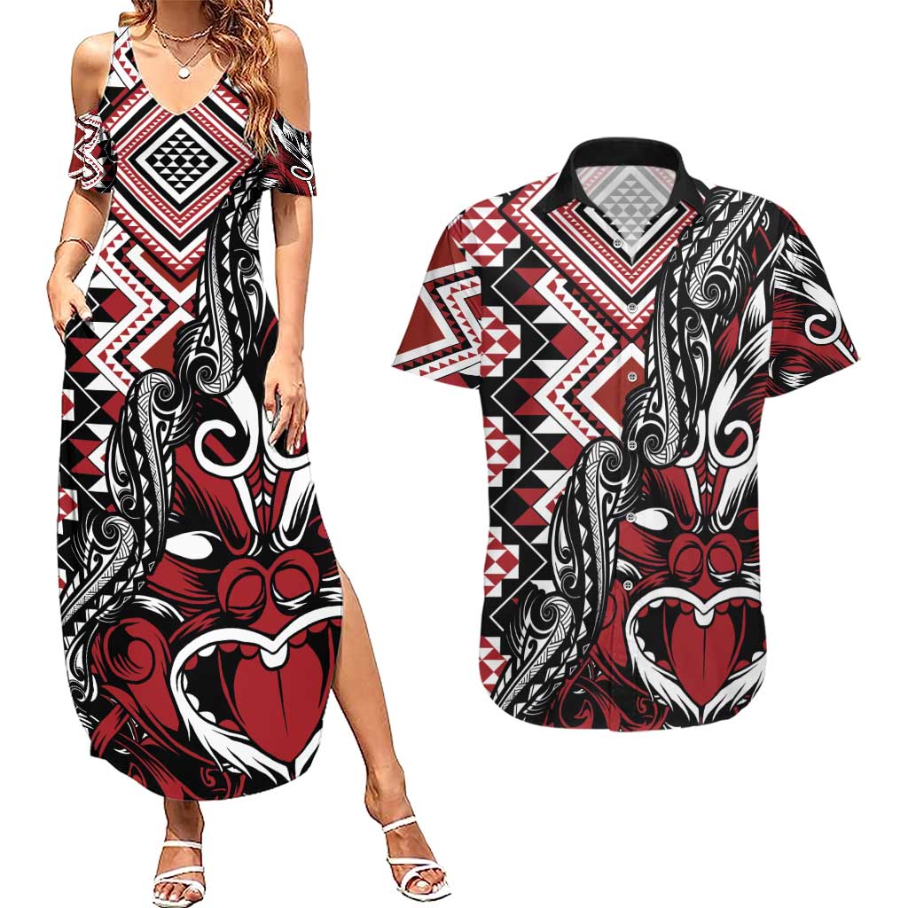 Aotearoa Maori Moko Art with Taniko Half Style Couples Matching Summer Maxi Dress and Hawaiian Shirt LT03 Black - Polynesian Pride