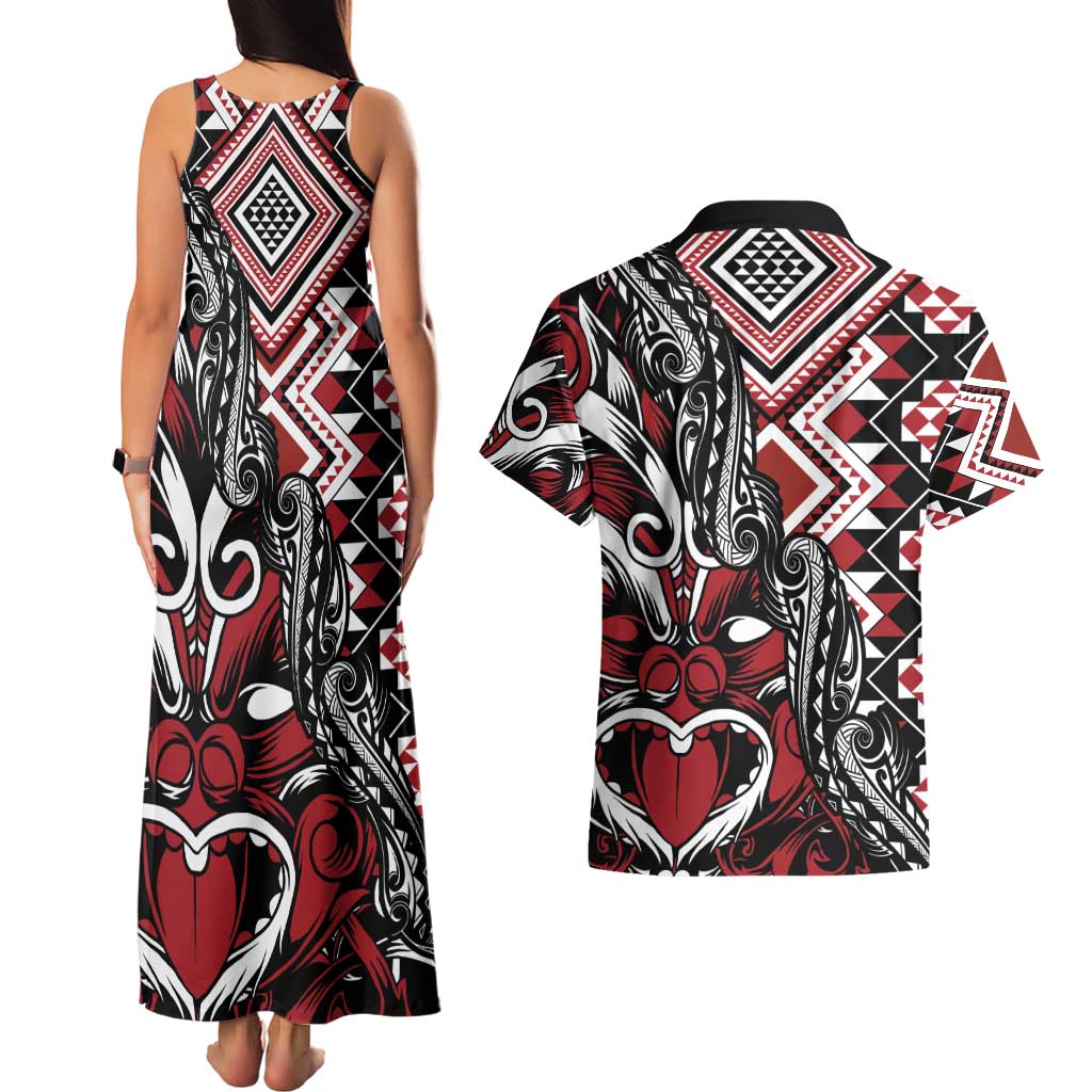 Aotearoa Maori Moko Art with Taniko Half Style Couples Matching Tank Maxi Dress and Hawaiian Shirt LT03 - Polynesian Pride