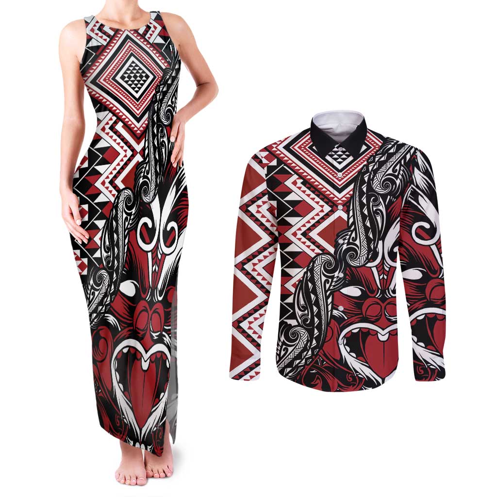 Aotearoa Maori Moko Art with Taniko Half Style Couples Matching Tank Maxi Dress and Long Sleeve Button Shirt LT03 Black - Polynesian Pride