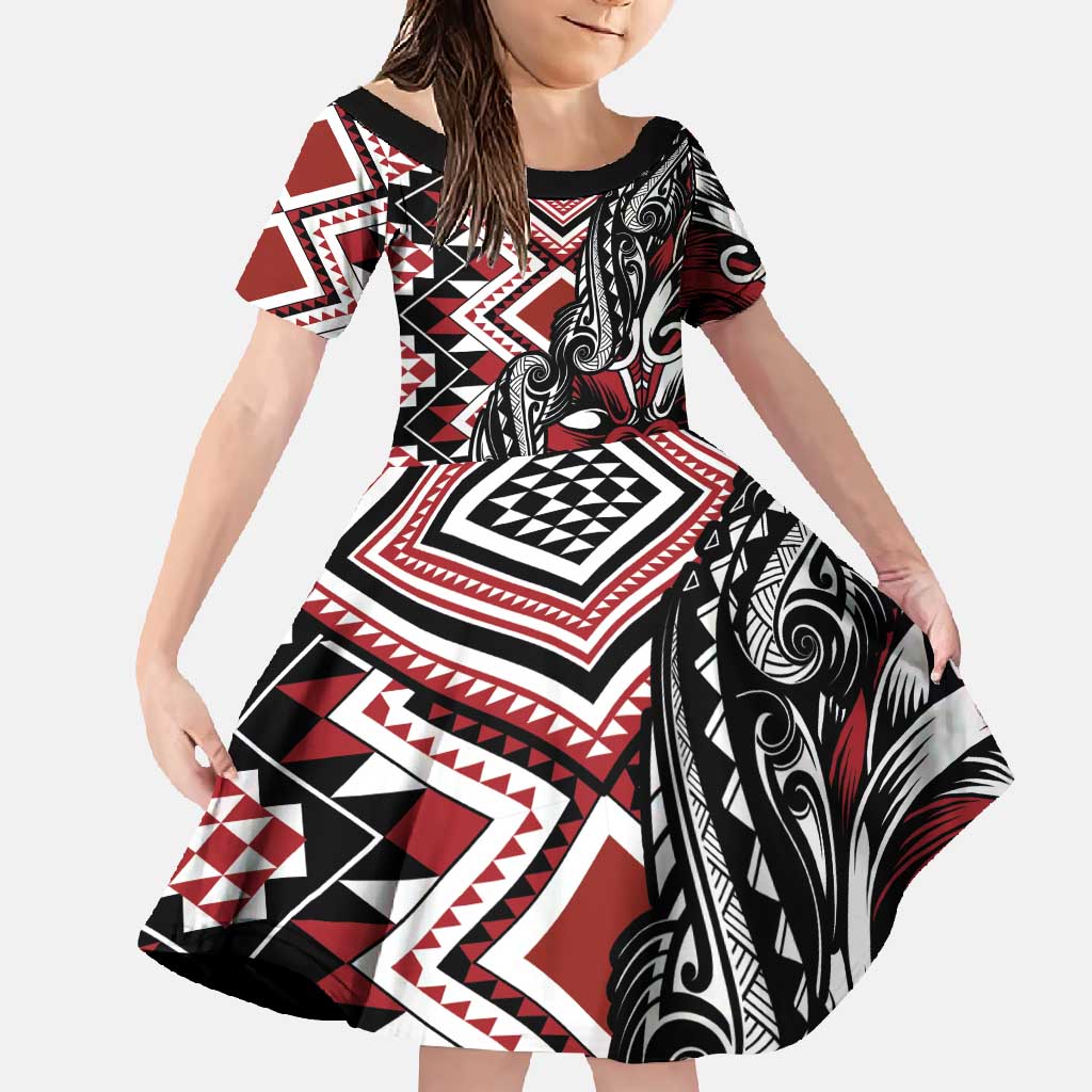 Aotearoa Maori Moko Art with Taniko Half Style Family Matching Long Sleeve Bodycon Dress and Hawaiian Shirt LT03 Daughter's Dress Black - Polynesian Pride