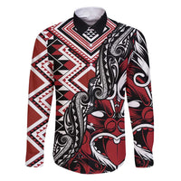 Aotearoa Maori Moko Art with Taniko Half Style Family Matching Puletasi and Hawaiian Shirt LT03 Dad's Shirt - Long Sleeve Black - Polynesian Pride