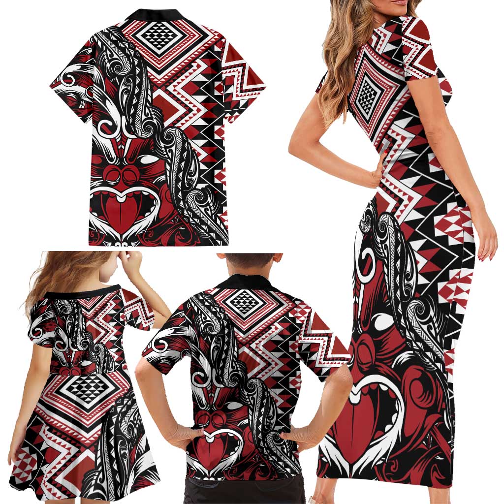 Aotearoa Maori Moko Art with Taniko Half Style Family Matching Short Sleeve Bodycon Dress and Hawaiian Shirt LT03 - Polynesian Pride