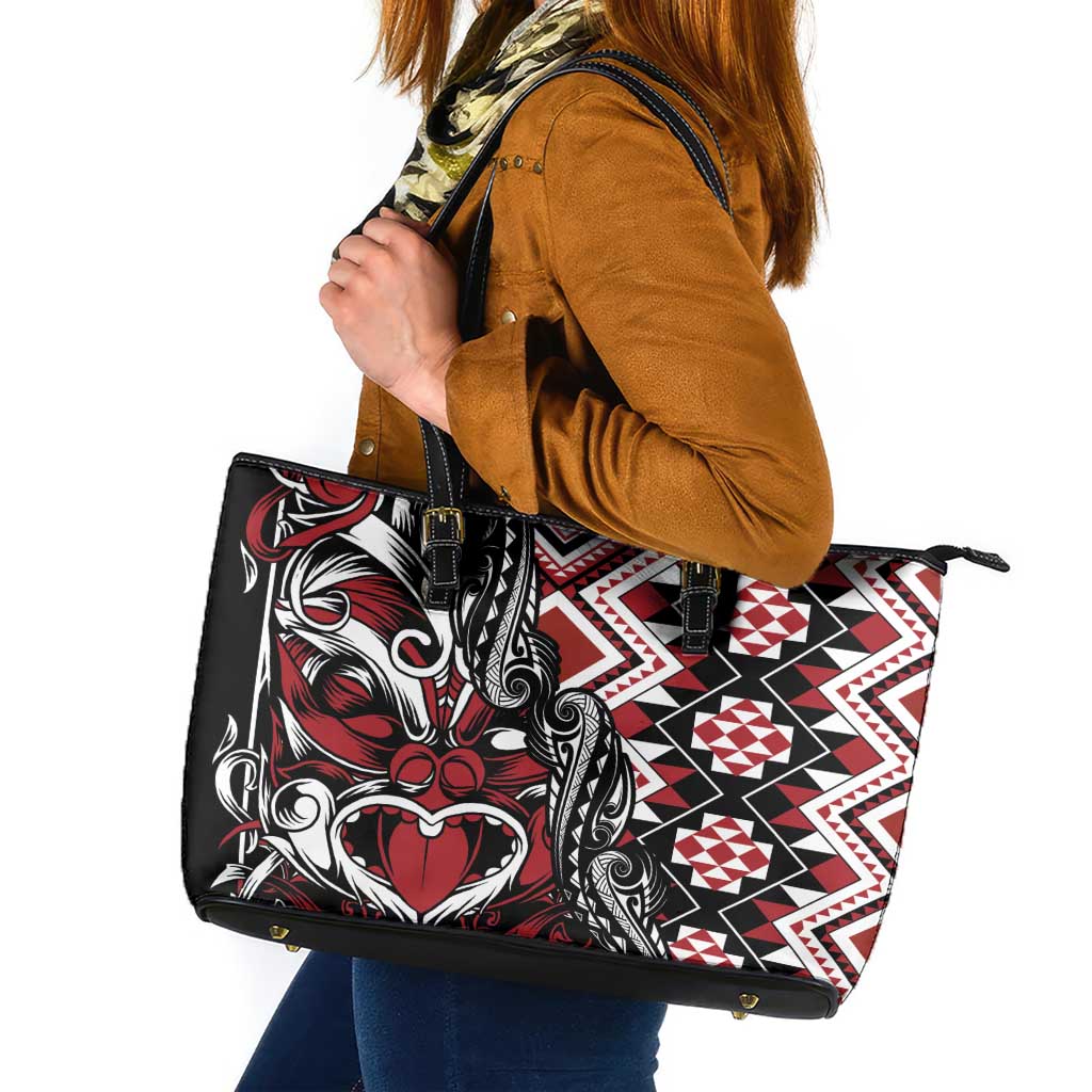 Aotearoa Maori Moko Art with Taniko Half Style Leather Tote Bag LT03 Black - Polynesian Pride