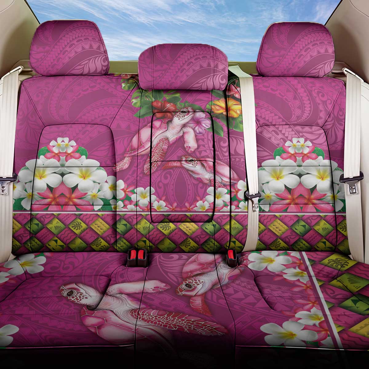 Hawaiian Lei Turtle and Plumeria Back Car Seat Cover Polynerian Art Tattoo-Plum Pink Color