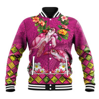 Hawaiian Lei Turtle and Plumeria Baseball Jacket Polynerian Art Tattoo-Plum Pink Color
