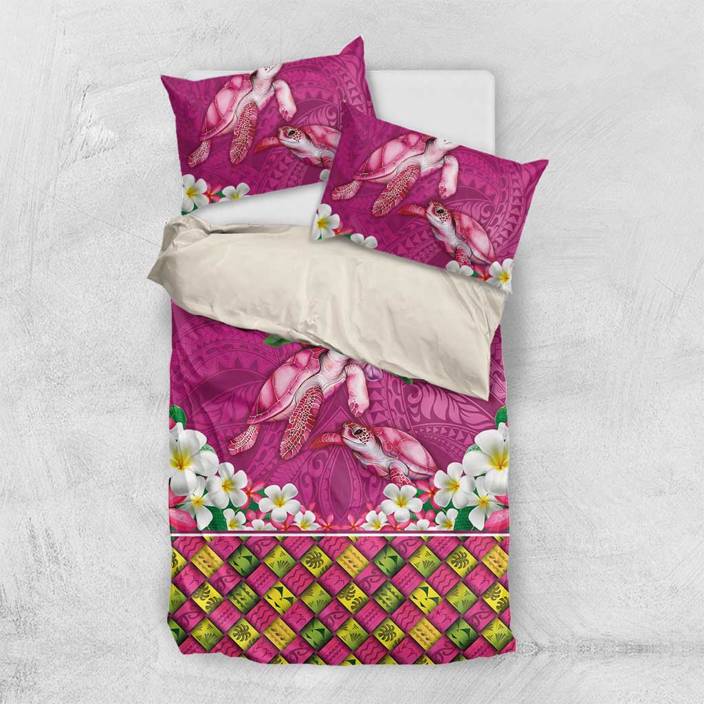 Hawaiian Lei Turtle and Plumeria Bedding Set Polynerian Art Tattoo-Plum Pink Color