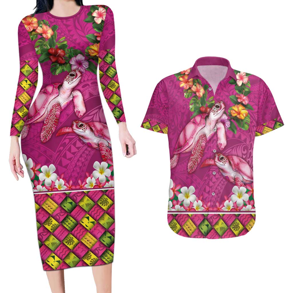 Hawaiian Lei Turtle and Plumeria Couples Matching Long Sleeve Bodycon Dress and Hawaiian Shirt Polynerian Art Tattoo-Plum Pink Color