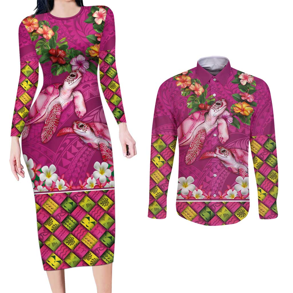 Hawaiian Lei Turtle and Plumeria Couples Matching Long Sleeve Bodycon Dress and Long Sleeve Button Shirt Polynerian Art Tattoo-Plum Pink Color