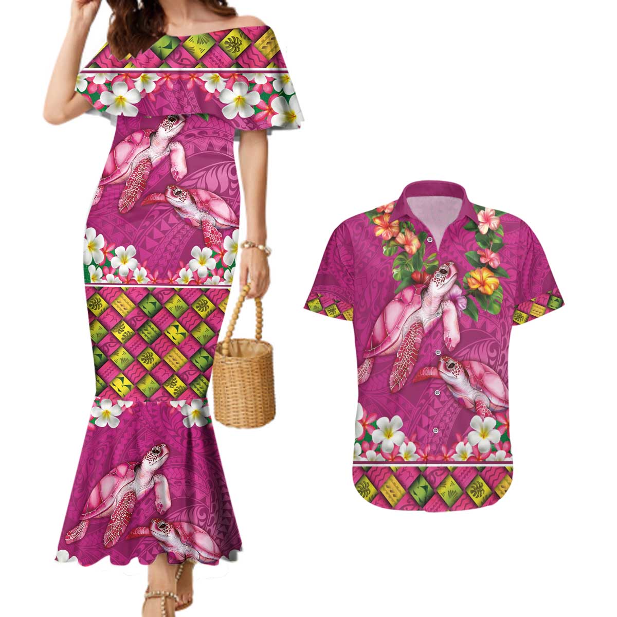 Hawaiian Lei Turtle and Plumeria Couples Matching Mermaid Dress and Hawaiian Shirt Polynerian Art Tattoo-Plum Pink Color