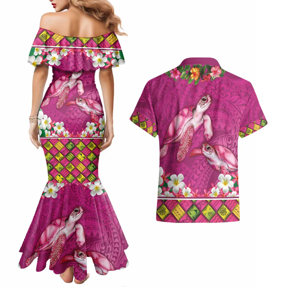 Hawaiian Lei Turtle and Plumeria Couples Matching Mermaid Dress and Hawaiian Shirt Polynerian Art Tattoo-Plum Pink Color