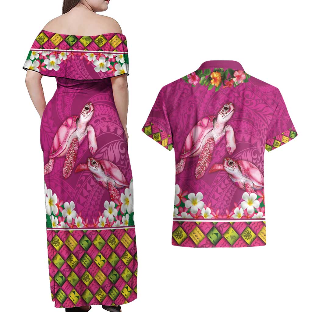 Hawaiian Lei Turtle and Plumeria Couples Matching Off Shoulder Maxi Dress and Hawaiian Shirt Polynerian Art Tattoo-Plum Pink Color