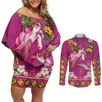 Hawaiian Lei Turtle and Plumeria Couples Matching Off Shoulder Short Dress and Long Sleeve Button Shirt Polynerian Art Tattoo-Plum Pink Color
