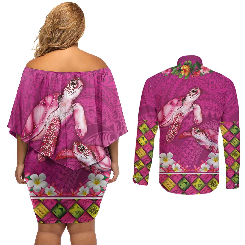Hawaiian Lei Turtle and Plumeria Couples Matching Off Shoulder Short Dress and Long Sleeve Button Shirt Polynerian Art Tattoo-Plum Pink Color