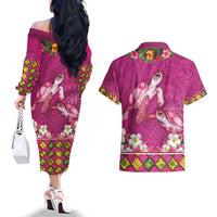 Hawaiian Lei Turtle and Plumeria Couples Matching Off The Shoulder Long Sleeve Dress and Hawaiian Shirt Polynerian Art Tattoo-Plum Pink Color
