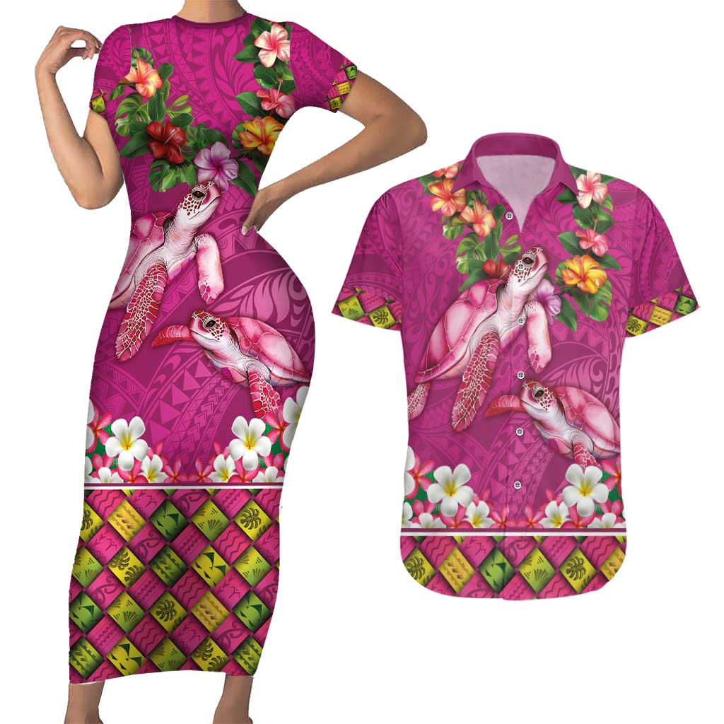 Hawaiian Lei Turtle and Plumeria Couples Matching Short Sleeve Bodycon Dress and Hawaiian Shirt Polynerian Art Tattoo-Plum Pink Color