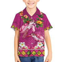 Hawaiian Lei Turtle and Plumeria Family Matching Long Sleeve Bodycon Dress and Hawaiian Shirt Polynerian Art Tattoo-Plum Pink Color