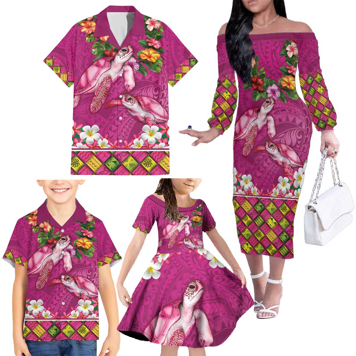 Hawaiian Lei Turtle and Plumeria Family Matching Off The Shoulder Long Sleeve Dress and Hawaiian Shirt Polynerian Art Tattoo-Plum Pink Color