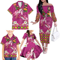 Hawaiian Lei Turtle and Plumeria Family Matching Off The Shoulder Long Sleeve Dress and Hawaiian Shirt Polynerian Art Tattoo-Plum Pink Color