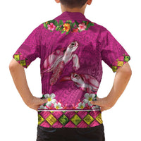 Hawaiian Lei Turtle and Plumeria Family Matching Off Shoulder Short Dress and Hawaiian Shirt Polynerian Art Tattoo-Plum Pink Color