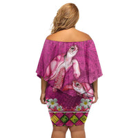 Hawaiian Lei Turtle and Plumeria Family Matching Off Shoulder Short Dress and Hawaiian Shirt Polynerian Art Tattoo-Plum Pink Color