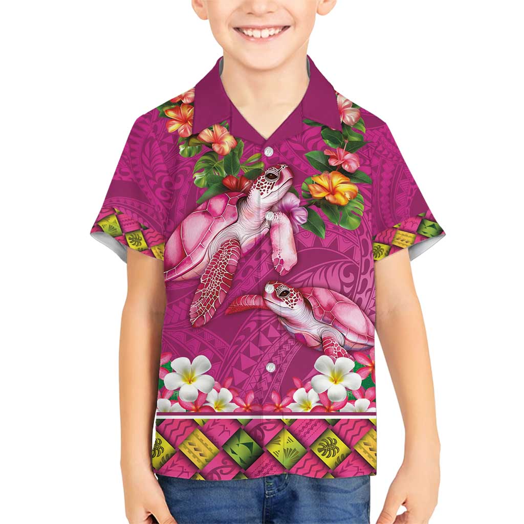 Hawaiian Lei Turtle and Plumeria Family Matching Off Shoulder Short Dress and Hawaiian Shirt Polynerian Art Tattoo-Plum Pink Color