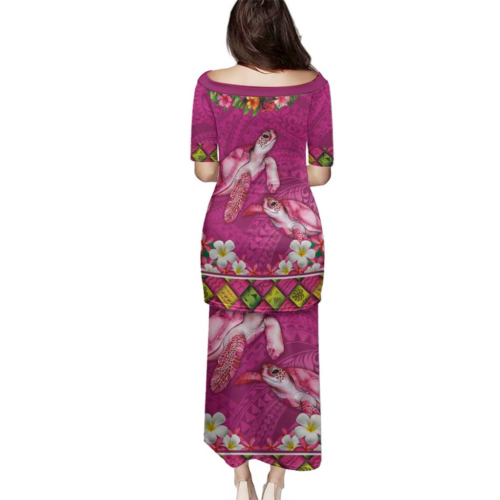 Hawaiian Lei Turtle and Plumeria Family Matching Puletasi and Hawaiian Shirt Polynerian Art Tattoo-Plum Pink Color