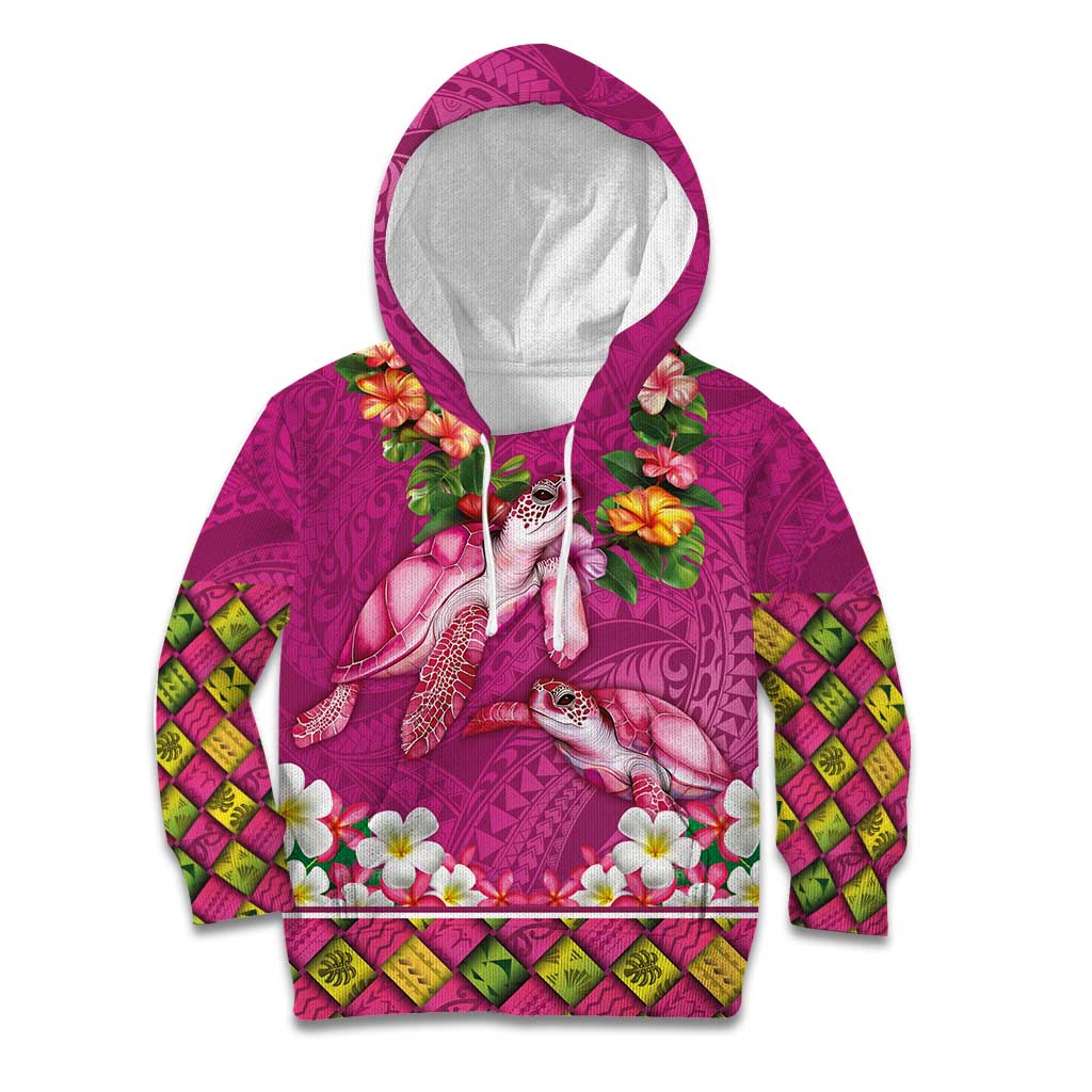 Hawaiian Lei Turtle and Plumeria Kid Hoodie Polynerian Art Tattoo-Plum Pink Color