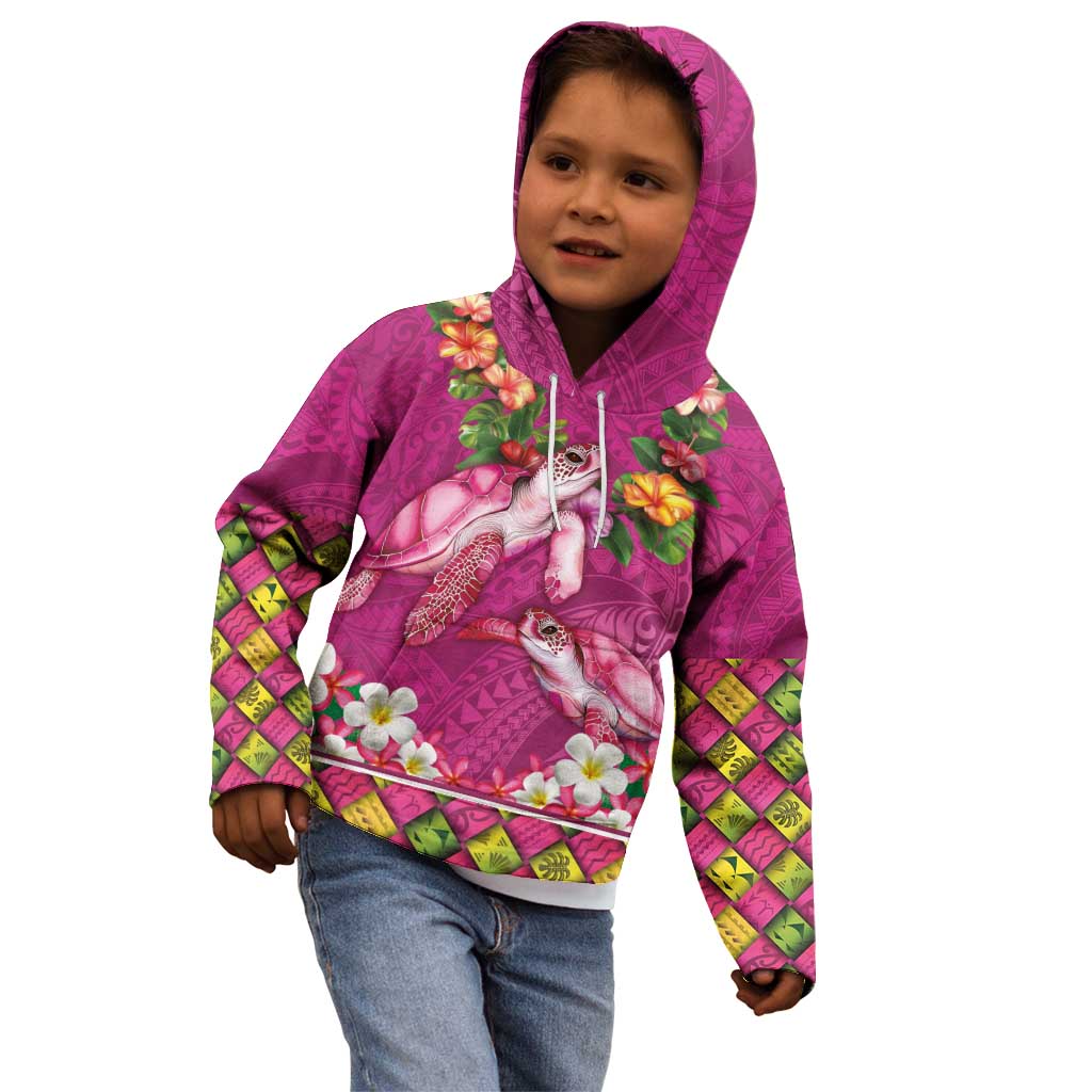 Hawaiian Lei Turtle and Plumeria Kid Hoodie Polynerian Art Tattoo-Plum Pink Color